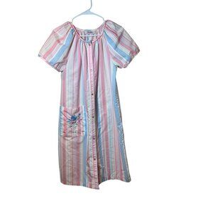 Vintage Smart Time Striped Short Sleeve Button Front House Dress With Embroidere